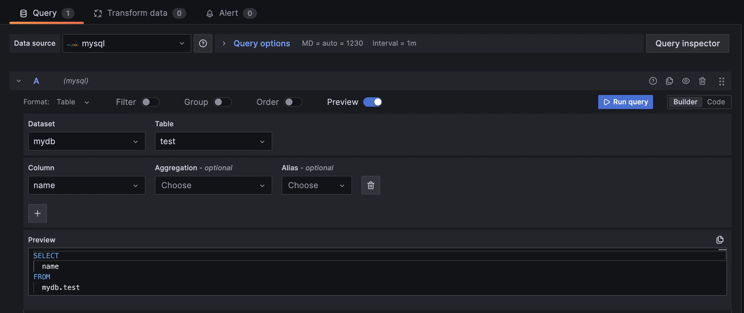 SQL query in Grafana with MySQL as data source