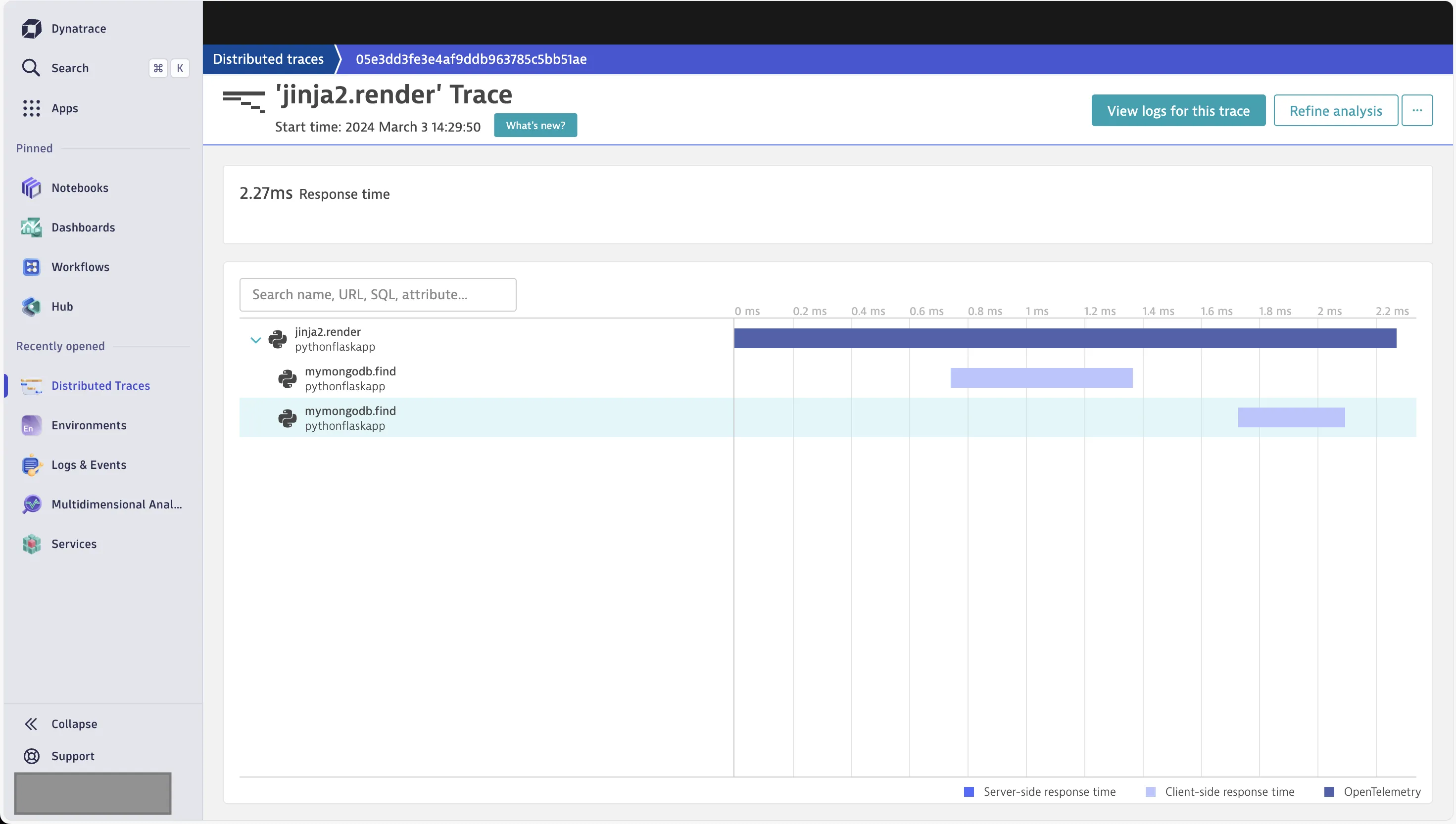 Detailed traces in Dynatrace