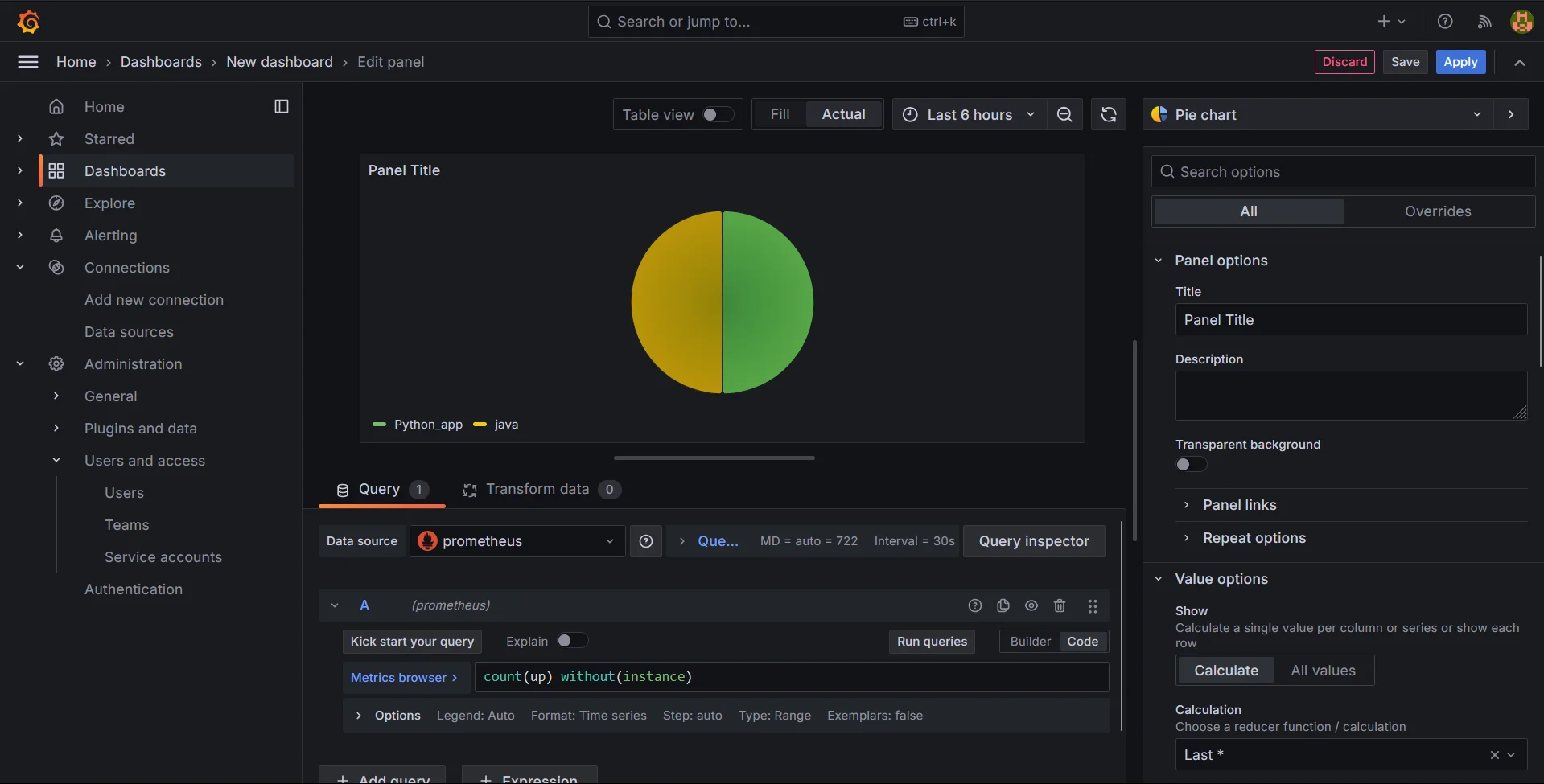 Switching to pie charts and running PromQL queries