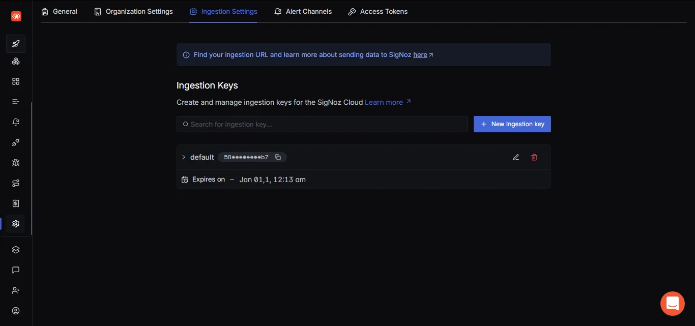 SigNoz UI showing the ingestion settings Tab